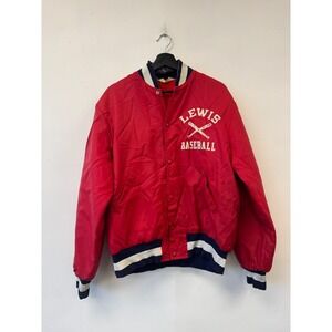 Vintage Lewis Baseball Art Flo Jacket Mens Large Red Satin‎ Varsity Lined 80s